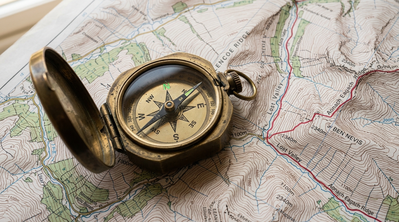 A classic vintage brass compass resting on a detailed topographical contour map.