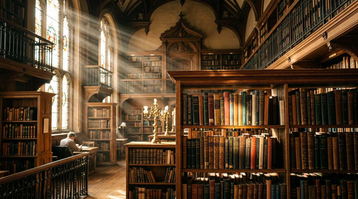 Grand classic library with morning sunlight streaming through tall arched windows onto wooden bookshelves.