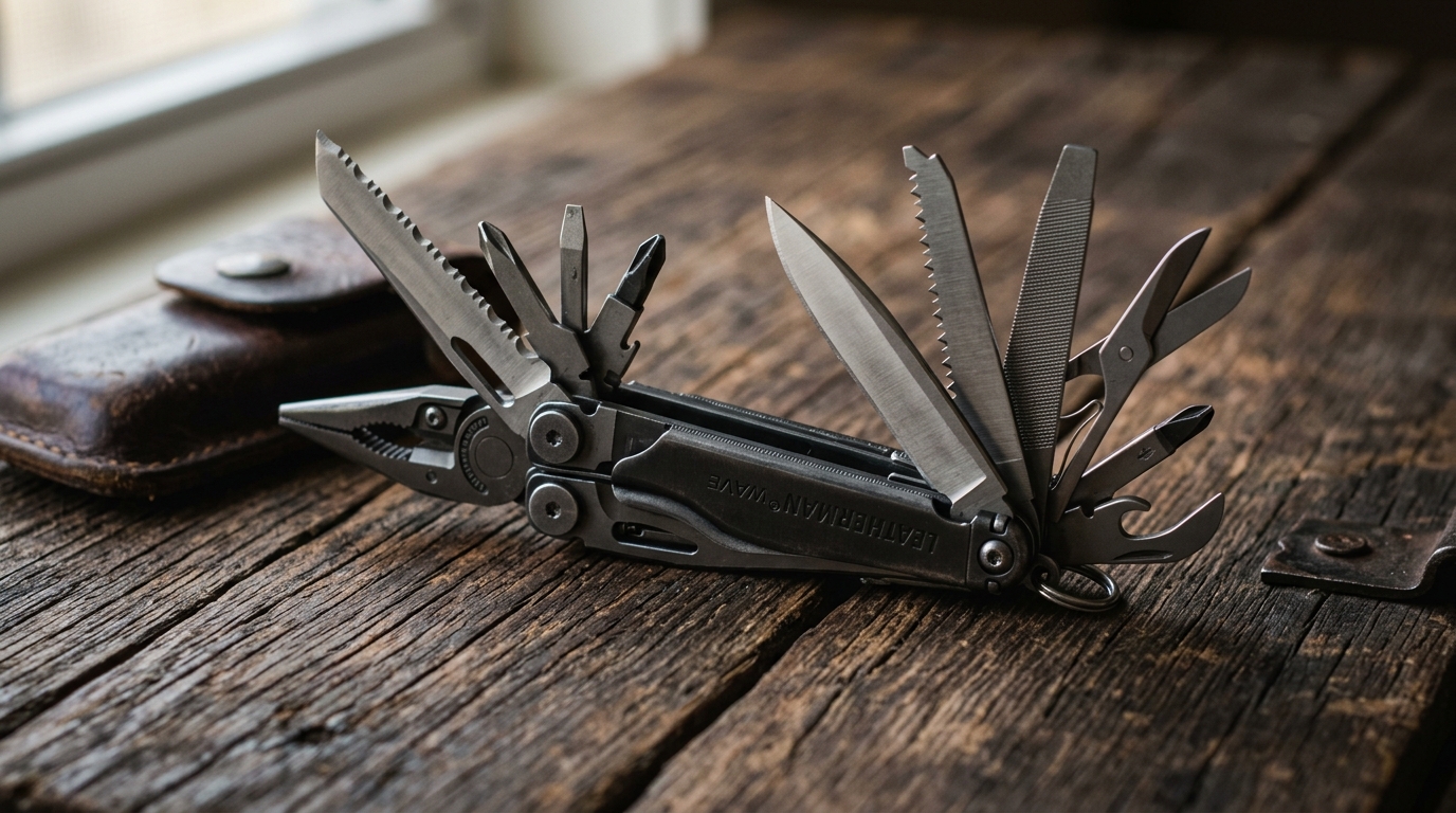 An authentic stainless steel multi-tool pocket knife with specialized blades and tools unfolded on a wooden surface.