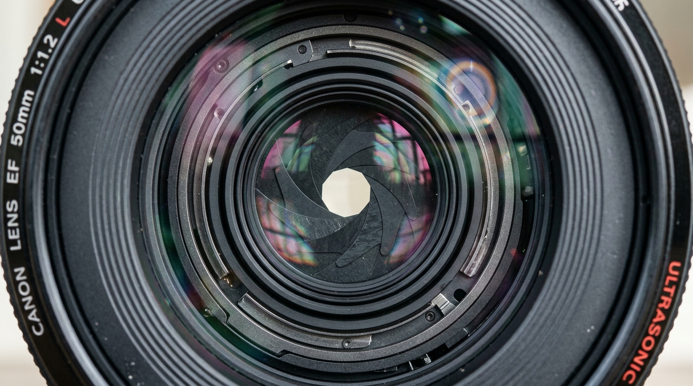 Macro photograph of a precision camera lens mechanical aperture iris blades and multi-coated glass optics.