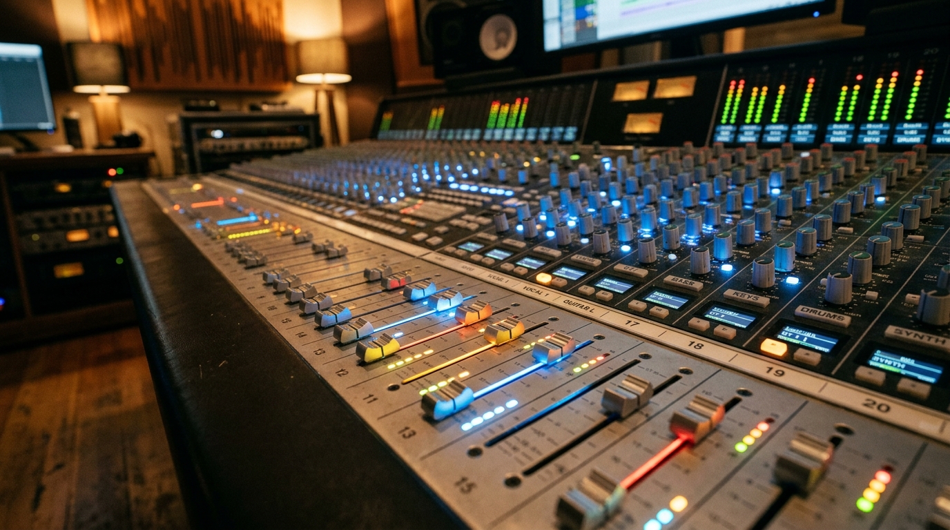 Close-up of a professional multi-channel audio mixing console with illuminated faders in a recording studio.